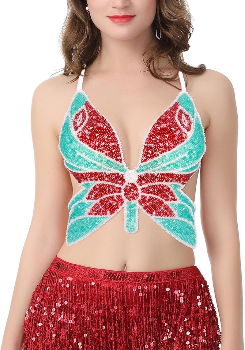 Mocure Womens Glitter Sequin Butterfly Crop Top Low-Cut Tank Top Rave Tube Vest Top for Belly Dance Costume Outfits - Image 2